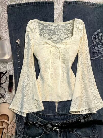 IslaSuriya Women's Sweet Lace Tie-Front Long Sleeve Top
