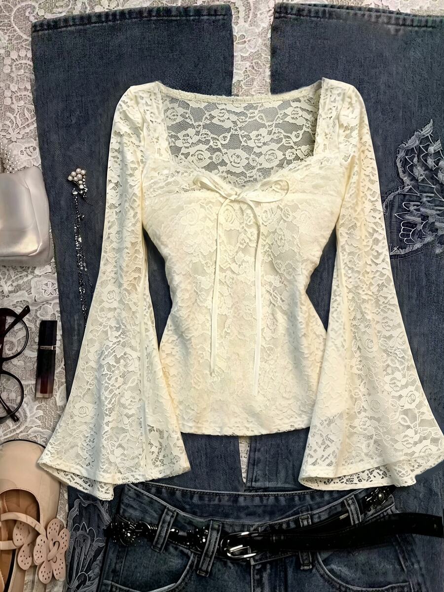IslaSuriya Women's Sweet Lace Tie-Front Long Sleeve Top - Apricot - View 1