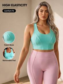 SHEIN Unity Plus Size Women's Solid Color Patchwork Backless Sports Bra Top Pilates Gym Teal Summer Gym Tropical - Mint Green - View 1