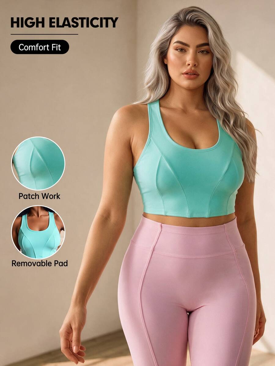 SHEIN Unity Plus Size Women's Solid Color Patchwork Backless Sports Bra Top Pilates Gym Teal Summer Gym Tropical - Mint Green - View 1