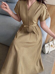 Feyla Women's V-Neck Short Sleeve Elegant Mid-Length Dress - Brown - View 6