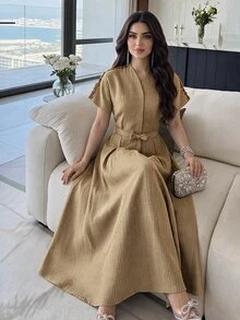 Feyla Women's V-Neck Short Sleeve Elegant Mid-Length Dress - Brown - View 10