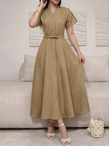 Feyla Women's V-Neck Short Sleeve Elegant Mid-Length Dress - Brown - View 5