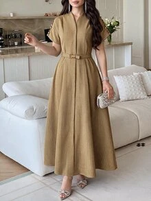 Feyla Women's V-Neck Short Sleeve Elegant Mid-Length Dress - Brown - View 11