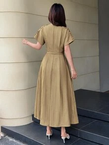 Feyla Women's V-Neck Short Sleeve Elegant Mid-Length Dress - Brown - View 4