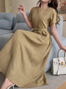 Feyla Women's V-Neck Short Sleeve Elegant Mid-Length Dress - Brown - View 1