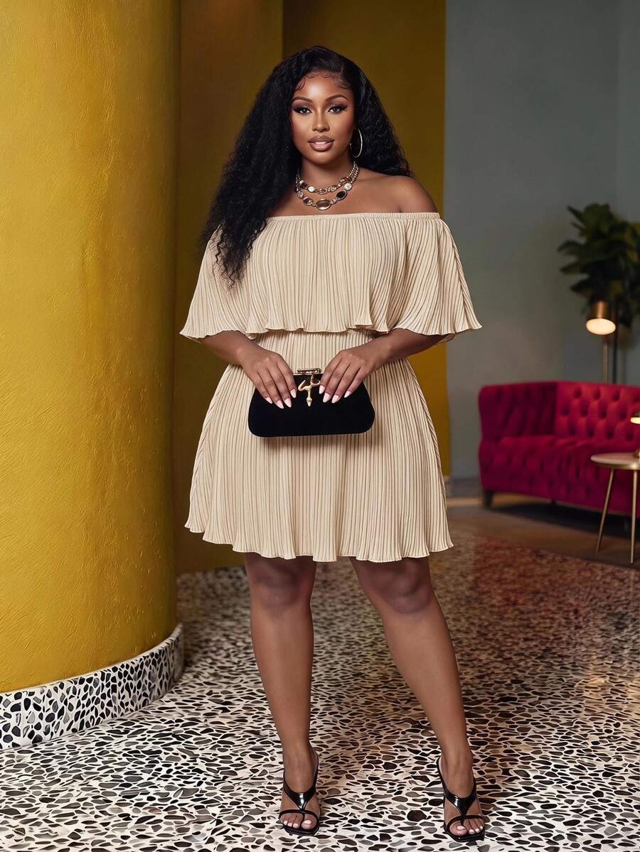 Veslaya Plus Size Off-Shoulder Ruffled Neckline Loose Green Dress In Pleated Fabric - Apricot - View 1