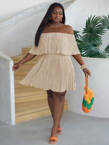 Veslaya Plus Size Off-Shoulder Ruffled Neckline Loose Green Dress In Pleated Fabric - Apricot - View 4