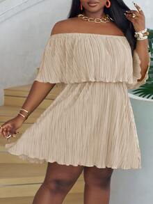 Veslaya Plus Size Off-Shoulder Ruffled Neckline Loose Green Dress In Pleated Fabric - Apricot - View 3