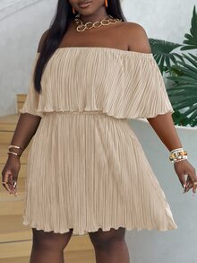 Veslaya Plus Size Off-Shoulder Ruffled Neckline Loose Green Dress In Pleated Fabric - Apricot - View 5
