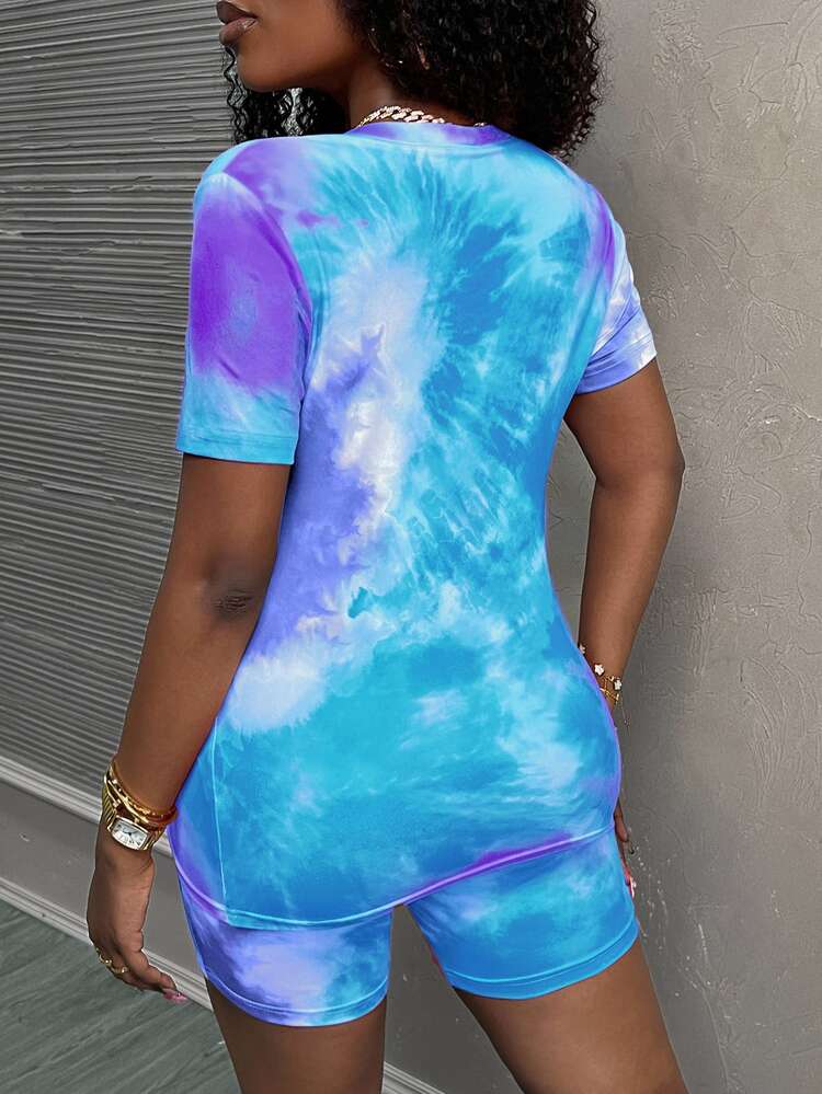 Veslaya Plus Size 2 Pieces Tie-Dye Printed Set, Suitable For Vacation, Summer Suitable For Going Out - Multicolor - View 2