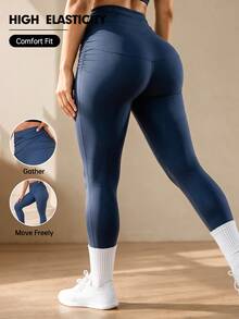 SHEIN Unity Plus Size Women's Ruched Waist Sports Pants Light Blue Gym Sports Summer Gym Sports Gym Pilates Gym Tropical Gym Alternative Tropical - Navy Blue - View 1