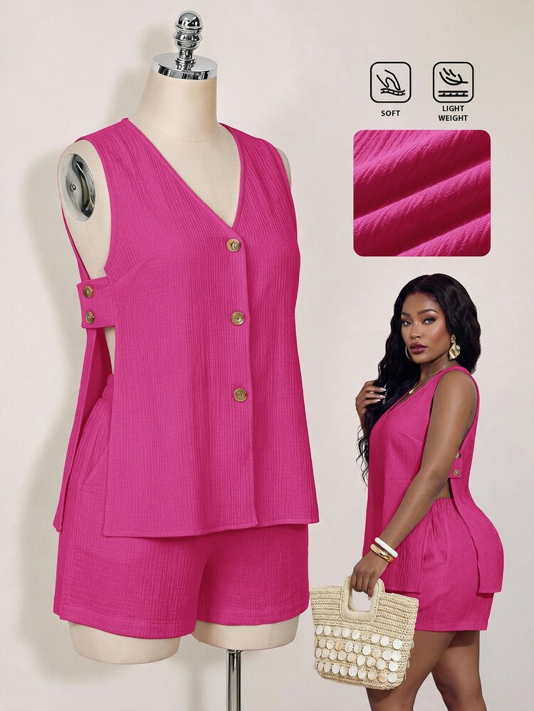 Veslaya Plus Size Streetwear Button V-Neck Tank Top And Textured Pocket Shorts 2 Pieces Set - Hot Pink - View 8