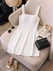 Veslaya Summer Fitted Square Neck Sleeveless Backless A-Line Short Dress For Women Vacation All White Tropical Vacation Tropical Vacation Party Sexy - White - View 9