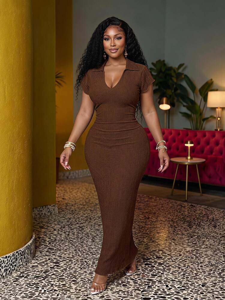 Veslaya Plus Size Women's Solid Color Lapel Short Sleeve Fitted Elegant Casual Dress Date Night Vacation Formal Brown Summer - Rust Brown - View 1
