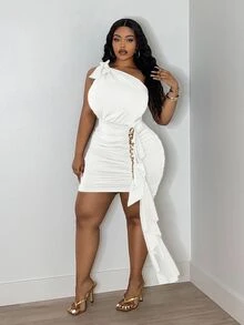 Veslaya Plus Size Elegant And High-Priced-Elastic Knit Plain Slim Fit Brown One-Shoulder Dress With Chain Decoration Ruffled Trim, L,Graduation - White - View 7