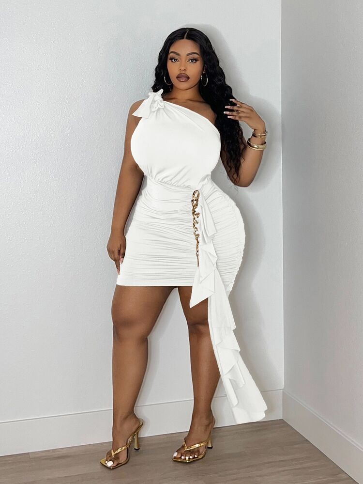 Veslaya Plus Size Elegant And High-Priced-Elastic Knit Plain Slim Fit Brown One-Shoulder Dress With Chain Decoration Ruffled Trim, L,Graduation - White - View 6