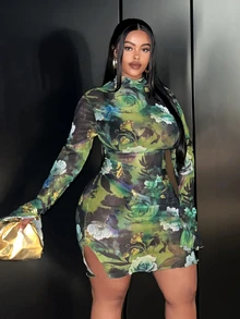 Veslaya Sexy Basic - Stretch Knitted Mesh Slim Fit Green Printed Plus Size Dress With Flared Sleeves Fall - Green - View 3