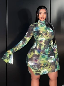 Veslaya Sexy Basic - Stretch Knitted Mesh Slim Fit Green Printed Plus Size Dress With Flared Sleeves Fall - Green - View 5