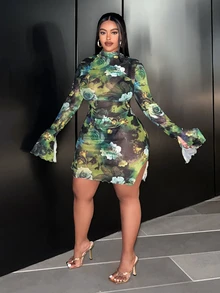 Veslaya Sexy Basic - Stretch Knitted Mesh Slim Fit Green Printed Plus Size Dress With Flared Sleeves Fall - Green - View 4