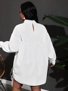Veslaya Plus Elegant & Commuting & Party Loose Clean-White Color Long Sleeve Stand Collar Mini Dress With Hem Drawstring Adjustment Women's Autumn-E Fall - White - View 2