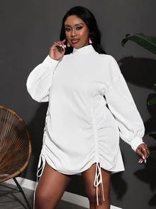Veslaya Plus Elegant & Commuting & Party Loose Clean-White Color Long Sleeve Stand Collar Mini Dress With Hem Drawstring Adjustment Women's Autumn-E Fall - White - View 3