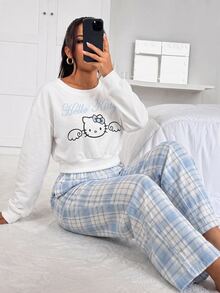 HELLO KITTY AND FRIENDS | SHEIN SHEIN EZwear 女款卡通圖案長袖上衣與格紋長褲休閒套裝 - 彩色 - 查看 6