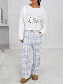 HELLO KITTY AND FRIENDS | SHEIN SHEIN EZwear 女款卡通圖案長袖上衣與格紋長褲休閒套裝 - 彩色 - 查看 3