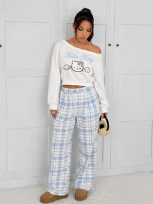 HELLO KITTY AND FRIENDS | SHEIN SHEIN EZwear 女款卡通圖案長袖上衣與格紋長褲休閒套裝 - 彩色 - 查看 4