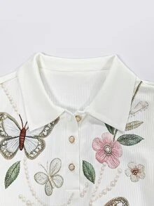 SHEIN Franclia [印花設計] 都市商務通勤風 優雅日常穿著 浪漫女款T恤 - 白色 - 查看 3