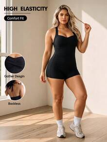 SHEIN Unity Plus Size Women Solid Color Sexy Modest Active Slim Fit Tummy Control Sports Jumpsuit Pilates Gym Black Summer - Black - View 1