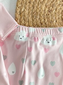 SHEIN 两件套女婴罗纹针织睡衣套装，饰有兔子和云朵图案，包括圆领短袖上衣和长裤，是春秋季舒适休闲居家服的理想之选。 - 粉色 - 查看 8