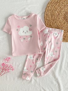 SHEIN 两件套女婴罗纹针织睡衣套装，饰有兔子和云朵图案，包括圆领短袖上衣和长裤，是春秋季舒适休闲居家服的理想之选。 - 粉色 - 查看 10