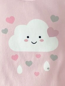 SHEIN 两件套女婴罗纹针织睡衣套装，饰有兔子和云朵图案，包括圆领短袖上衣和长裤，是春秋季舒适休闲居家服的理想之选。 - 粉色 - 查看 4