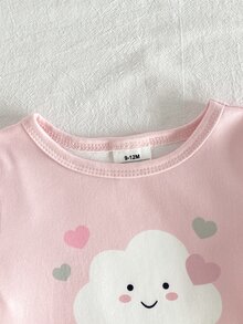 SHEIN 两件套女婴罗纹针织睡衣套装，饰有兔子和云朵图案，包括圆领短袖上衣和长裤，是春秋季舒适休闲居家服的理想之选。 - 粉色 - 查看 9