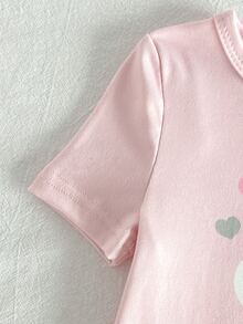 SHEIN 两件套女婴罗纹针织睡衣套装，饰有兔子和云朵图案，包括圆领短袖上衣和长裤，是春秋季舒适休闲居家服的理想之选。 - 粉色 - 查看 7