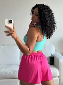 SHEIN Unity Plus Size Women's Solid Color Double Layer 2 In 1 Sports Shorts Gym Hot Pink Summer Gym Active Sports Gym - Cherry Red - View 2