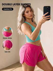 SHEIN Unity Plus Size Women's Solid Color Double Layer 2 In 1 Sports Shorts Gym Hot Pink Summer Gym Active Sports Gym - Cherry Red - View 1