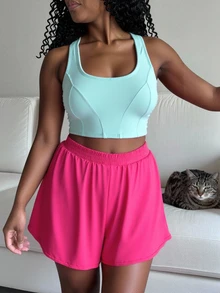 SHEIN Unity Plus Size Women's Solid Color Double Layer 2 In 1 Sports Shorts Gym Hot Pink Summer Gym Active Sports Gym - Cherry Red - View 5