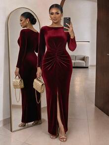 SHEIN Lady CURVE Plus Size Women's Solid Color Boat Neck Ruched Waist Split Hem Fitted Elegant Dress Fall - Red - View 1