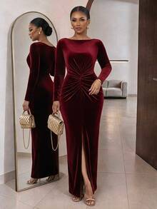 SHEIN Lady CURVE Plus Size Women's Solid Color Boat Neck Ruched Waist Split Hem Fitted Elegant Dress Fall - Red - View 4