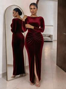 SHEIN Lady CURVE Plus Size Women's Solid Color Boat Neck Ruched Waist Split Hem Fitted Elegant Dress Fall - Red - View 3