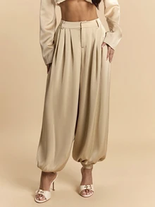SHEIN BAE Women's Solid Color Pocket Commuter Versatile Fashion Suit Pants - Khaki - View 3