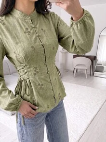 Solavon Women's Exquisite Button Cinched Waist-Cinching Blouse - Green - View 5