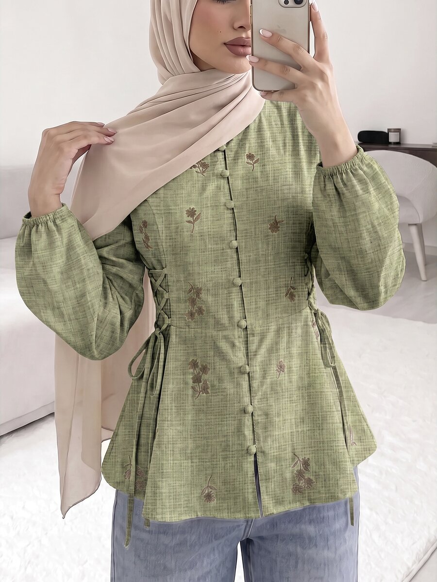 Solavon Women's Exquisite Button Cinched Waist-Cinching Blouse - Green - View 1