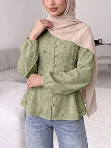 Solavon Women's Exquisite Button Cinched Waist-Cinching Blouse - Green - View 6
