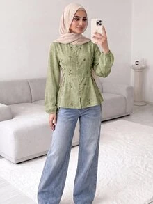 Solavon Women's Exquisite Button Cinched Waist-Cinching Blouse - Green - View 4