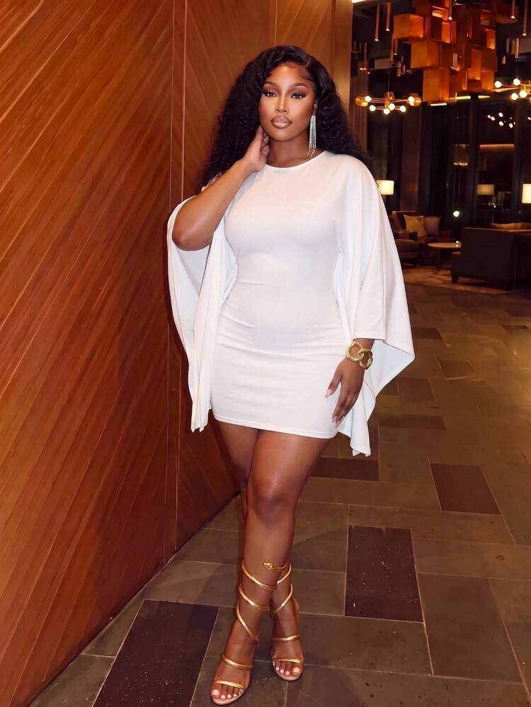 Veslaya Plus Chic Plus Size Women's Celebrity Elegant Party Birthday Bar Nightclub Date Girlfriends Party Batwing Sleeve Fitted Mini Dress Fall - White - View 1