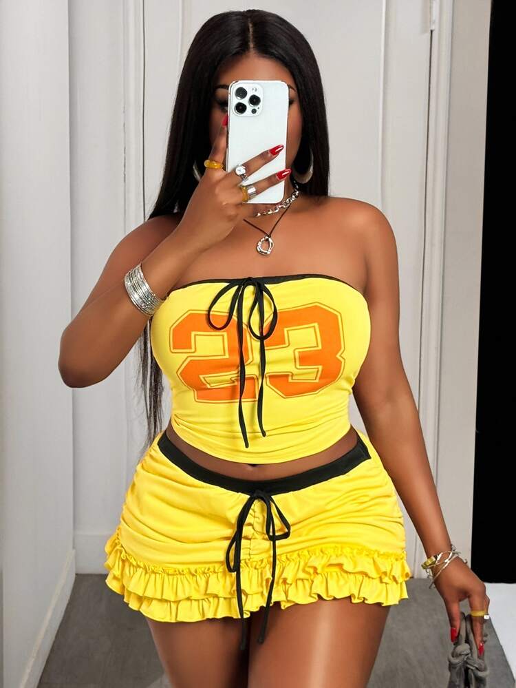 Veslaya Plus Size Orange Butter Yellow Summer 90s Sexy Birthday Brunch Date Night Vacation Office Back-To-School 2pcs Set Streetwear No.23 Graphic Bustier - Yellow - View 6