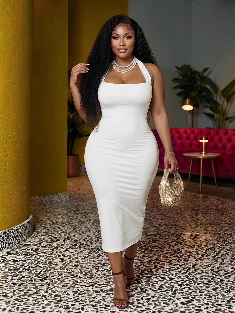 Veslaya Plus Size Women's Elegant Sexy All White Halter Backless Bodycon Slit Dress Summer Night Out Date Night Formal Cocktail Club Party Wedding Guest - White - View 1